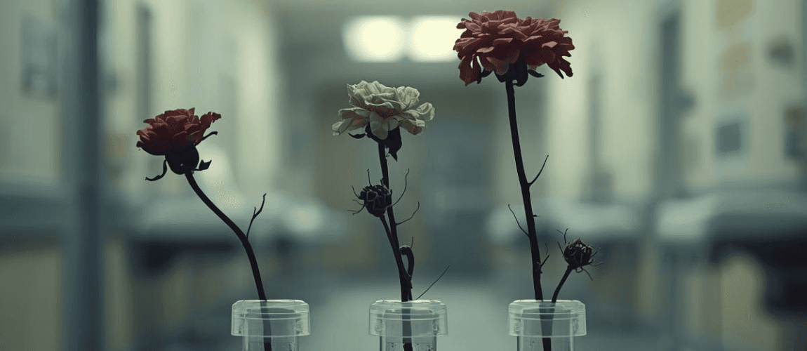 Drei verwelkte Blumen in Nahaufnahme, im Hintergrund ist ein Krankenhausflur abgebildet.